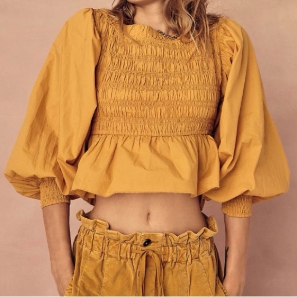 Free people smocked top poplin puff sleeve